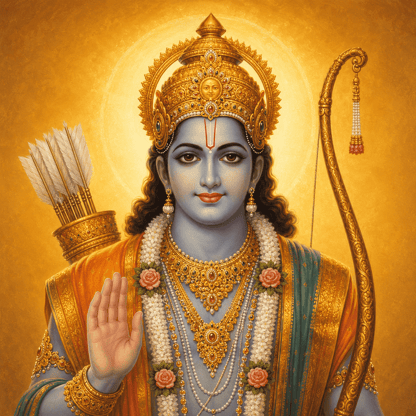 प्रभु श्री राम हलकी मुस्कान के साथ, अपने दाहिने हाथ से आशीर्वाद देते हुए