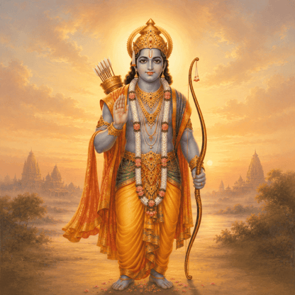 प्रभु श्री राम अपने पूर्ण स्वरूप में खड़े, धनुष और बाणों का तरकश लिए, मुकुट धारण किए हुए, अपने दाहिने हाथ से आशीर्वाद देते हुए