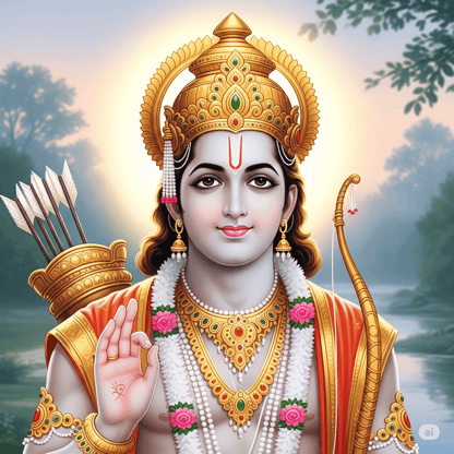 प्रभु श्री राम का दिव्य स्वरूप, प्रसन्न मुद्रा और आशीर्वादात्मक दृष्टि के साथ