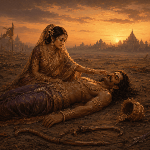 Queen Mandodari kneeling in grief beside the fallen Ravan on a dusk battlefield, his crown and bow lying broken beside him