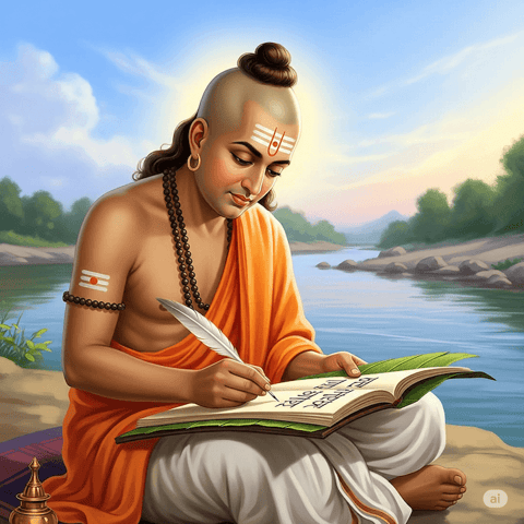 गोस्वामी तुलसीदास, शिखा और तिलक धारण किए हुए, शांत नदी के किनारे श्री रामचरितमानस लिखते हुए