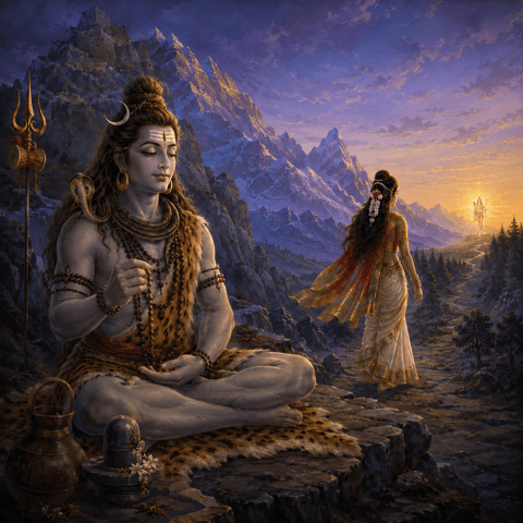 कैलाश पर्वत पर माला जपते हुए ध्यानमग्न भगवान शिव, तथा दूर श्रीराम के दिव्य स्वरूप की ओर जाती हुई सतीजी