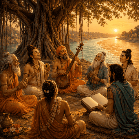 A gathering of saints singing and reading scripture beneath a banyan tree at dawn, with two rivers meeting in a glowing confluence behind them