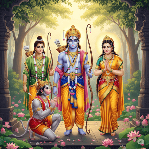 माता सीता, लक्ष्मण जी और चरणों में हनुमान जी के साथ भगवान श्री राम